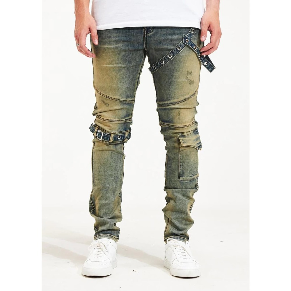 Embellish NYC Men's Topi Moto Buckle Straps Distressed Skinny Fit Denim Jeans